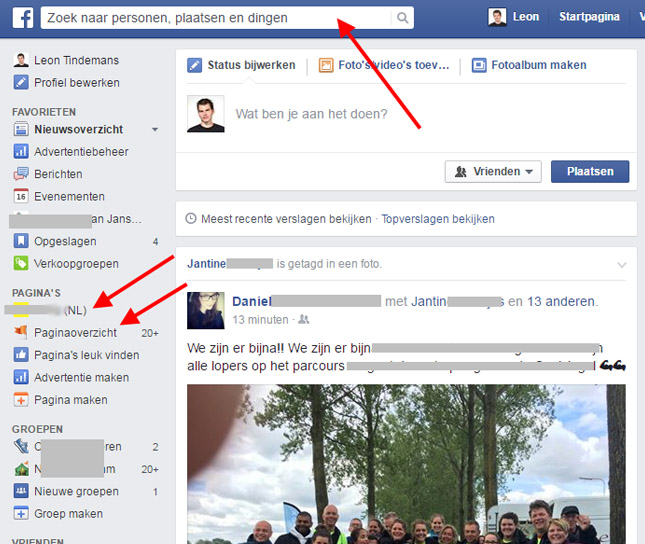 pagina selecteren op Facebook